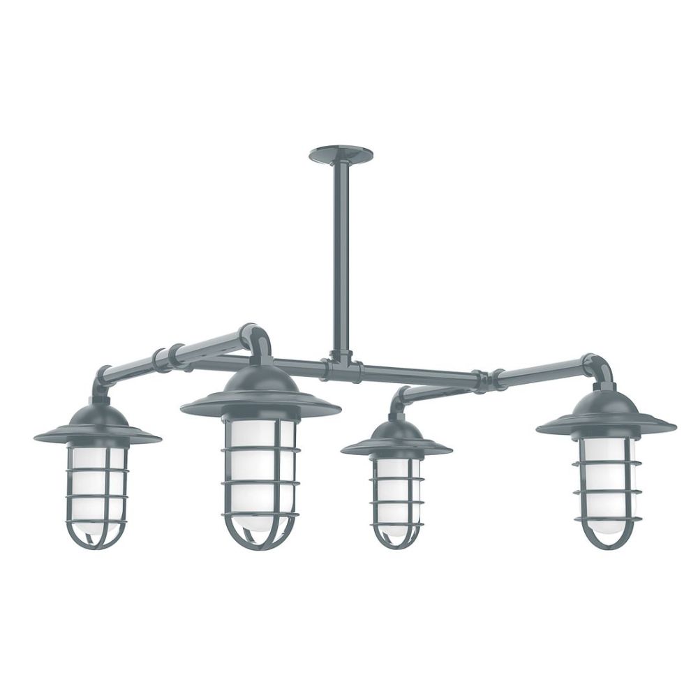 Montclair Lightworks MSP052-40 Vaportite, Style A shade, 4-light stem hung pendant with clear glass and cast guard, Slate Gray